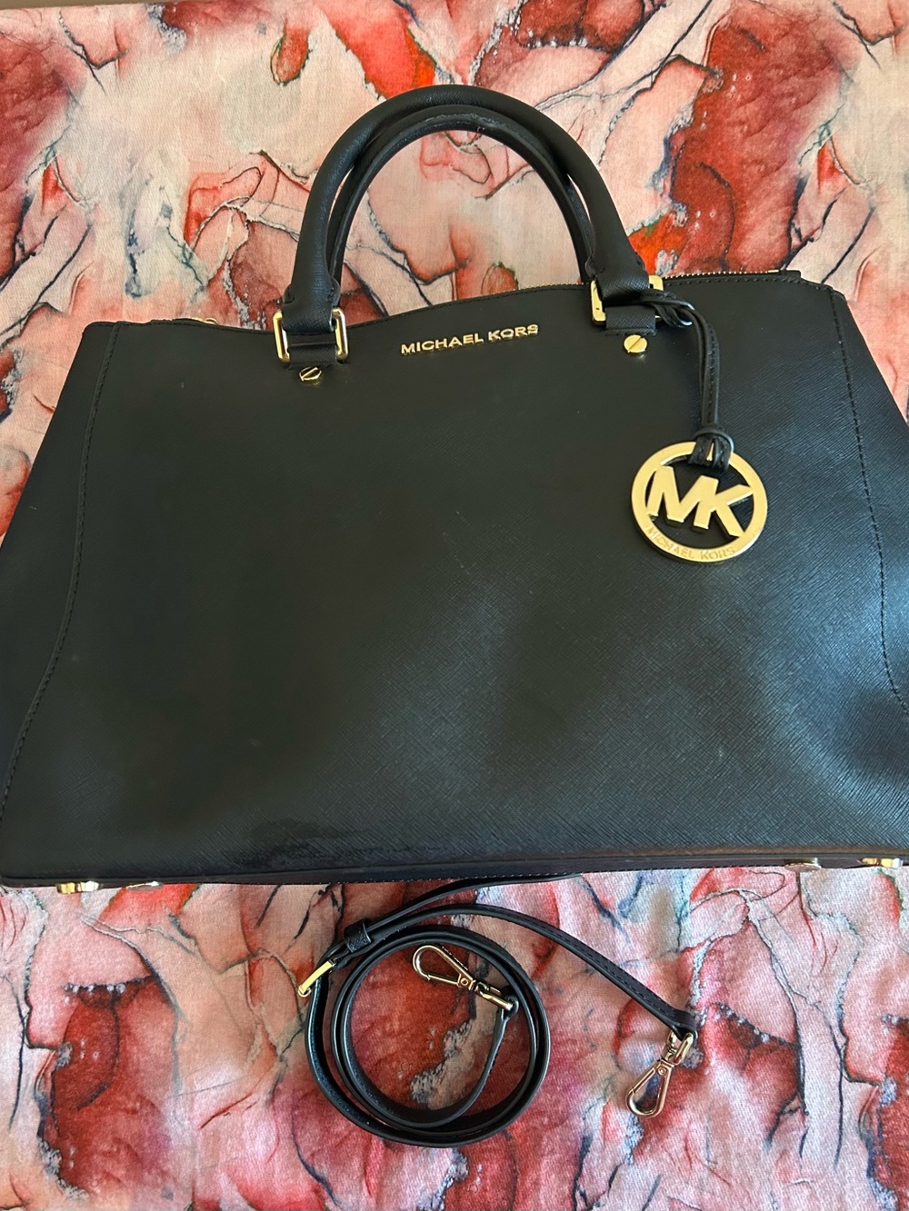Michael Kors Black Saffiano Satchel with Gold MK Charm